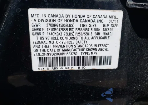 2011 Acura Mdx Technology Package z USA, uszkodzony, nr VIN 2HNYD2H60BH523782